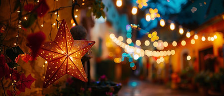 A festive star ornament hangs amidst the soft glow of string lights, creating a warm and inviting atmosphere in an urban street setting. The bokeh effect adds a touch of magic to this enchanting scene.の素材
