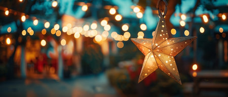 A radiant star ornament hangs gracefully, softly illuminated against a backdrop of warm, glowing string lights. The bokeh effect adds a magical feel to the evening backyard scene, perfect for celebrations and holiday festivities.の素材