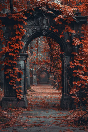 An arched passage is framed by a vintage stone structure, lush with autumn foliage. The scene offers a serene and picturesque landscape, inviting viewers to journey down a tranquil pathway.の素材
