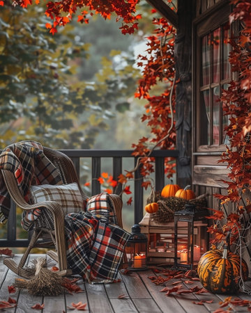 A tranquil autumn scene unfolds on a rustic porch, featuring a cozy rocking chair draped with a plaid blanket. Pumpkins nestle nearby, surrounded by vibrant fall foliage, creating an inviting and peaceful autumnal retreat.の素材
