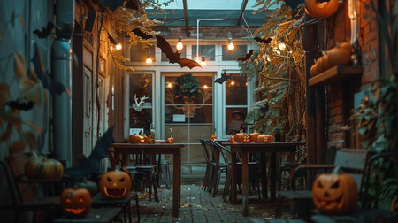 An outdoor patio area is transformed into a Halloween haven, filled with pumpkins, hanging bat decorations, and softly glowing lights. Tables and chairs await guests for a festive autumn gathering.の素材