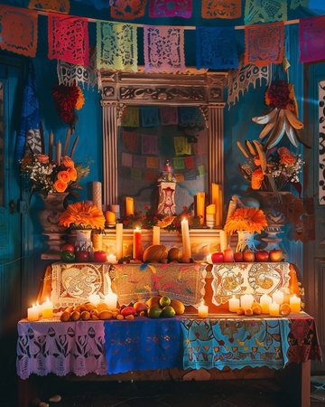 A meticulously decorated offering table stands bathed in soft candlelight, adorned with marigolds, candles, and colorful papel picado banners. The scene evokes a sense of reverence and joyful remembrance, capturing the essence of a vibrant cultural tradition.の素材