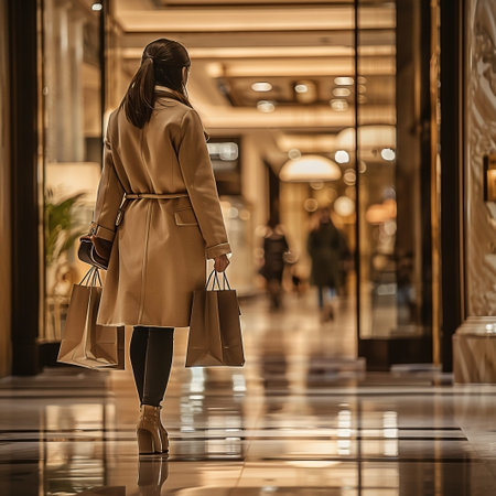 A woman walks away, carrying shopping bags in an upscale mall. Her coat suggests elegance and spending power, depicting a moment of refined consumer activity. The setting implies an affluent lifestyle and modern desire.の素材