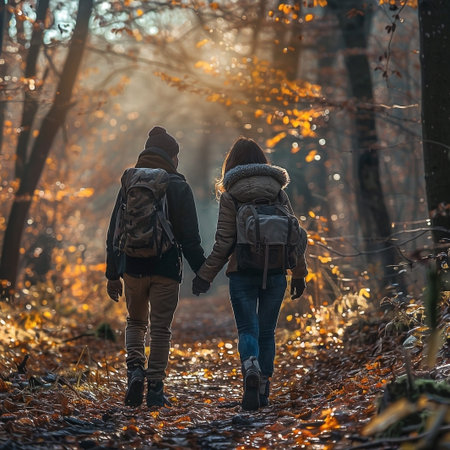 A couple enjoying a quiet moment together, walking hand-in-hand through a forest ablaze with the colors of autumn. The sunlight filters through the trees, casting a warm glow on their path, creating an atmosphere of peacefulness and adventure.の素材