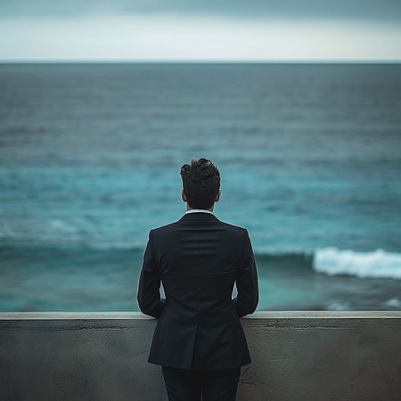 A man in a dark suit stands on a balcony, facing the expansive ocean. He seems lost in thought, perhaps contemplating life's complexities or simply enjoying the serenity of the coastal view. The horizon stretches out before him, offering a sense of peace and quietude.の素材