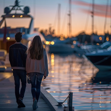 A young couple enjoys a serene evening walk along a marina dock as the sun sets. Yachts are docked in the background. The scene evokes a sense of peace, romance, and leisure in a coastal setting, bathed in the warm hues of twilight.の素材
