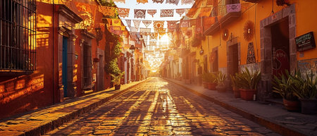 A view of a cobblestone street festooned with colorful flags hanging between buildings. The warm sunlight casts long shadows on the street, creating a striking contrast and adding to the charm of the historical architecture.の素材