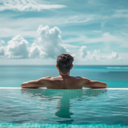 A man immersed in an infinity pool contemplates the serene horizon where the azure ocean merges seamlessly with the expansive sky, evoking a sense of peace, leisure and limitless possibilities. An idyllic scene captures an essence of summer relaxation and vacation wellbeing.の素材