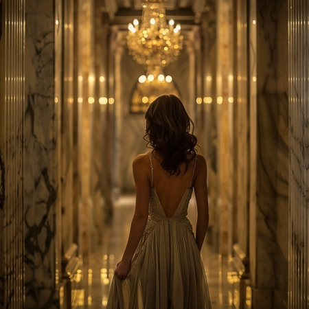 A woman in an elegant dress walks down a luxurious marble hallway illuminated by the soft glow of an ornate chandelier. The perspective focuses on the back of the woman, enhancing the ambiance of classic beauty and sophisticated style.の素材