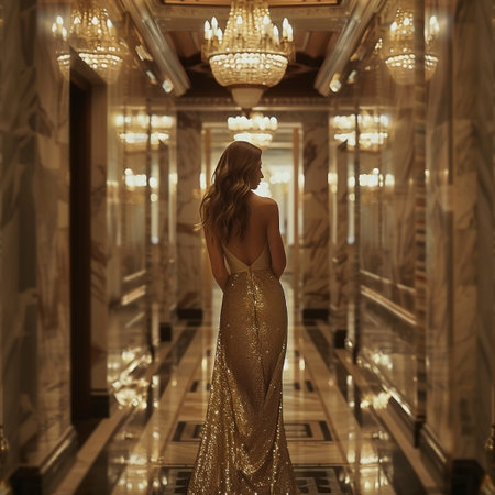A captivating woman in a shimmering gold gown walks away down an ornately decorated corridor. The warm golden lighting from the chandeliers casts a luxurious glow, highlighting the architecture and creating a sense of elegant beauty.の素材