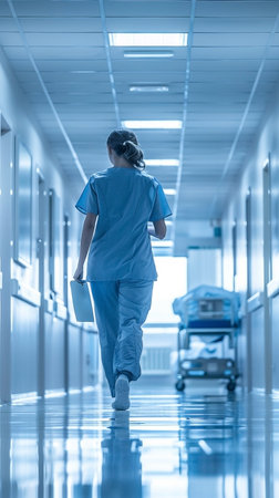 A healthcare worker in scrubs walks with determination through a modern hospital corridor, illuminated by sterile blue light. The scene conveys a sense of purpose, dedication, and a commitment to patient care within a clinical environment.の素材