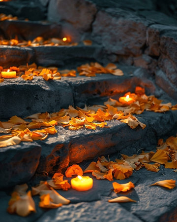 A stone staircase is gently illuminated by the soft glow of candles, scattered amongst fallen golden leaves. This creates a warm and inviting autumn atmosphere, perfect for reflection or a romantic evening stroll. The combination of rustic stone and flickering candlelight evokes a sense of peaceful tranquility.の素材