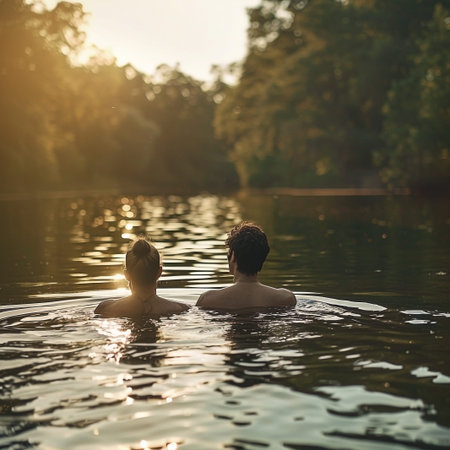 A couple enjoys a peaceful swim in a serene lake at sunset. The glistening water and surrounding trees create an idyllic and romantic setting, perfect for a refreshing summer escape and bonding together in nature's embrace.の素材