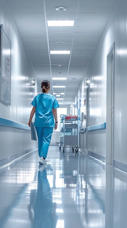 A healthcare professional in blue scrubs walks down a gleaming, sterile hospital hallway. The clean, modern environment suggests dedication to patient care and healing. The scene conveys a sense of hope and efficient medical service.の素材