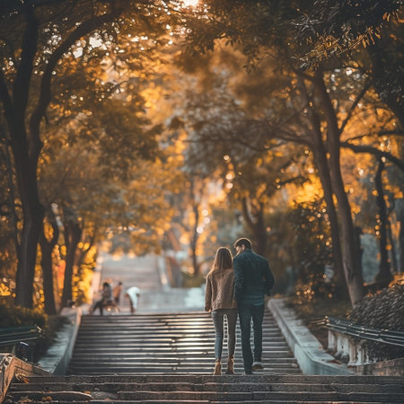 A couple is captured walking up a long, picturesque staircase surrounded by lush autumn foliage. The warm golden light filtering through the trees creates a romantic and tranquil atmosphere, perfect for a blissful outdoor getaway.の素材