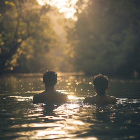 A couple intimately swimming in a calm lake at sunrise or sunset, enjoying the warm sun and a connection with nature. The peaceful atmosphere and golden light create a sense of tranquility and escape.の素材