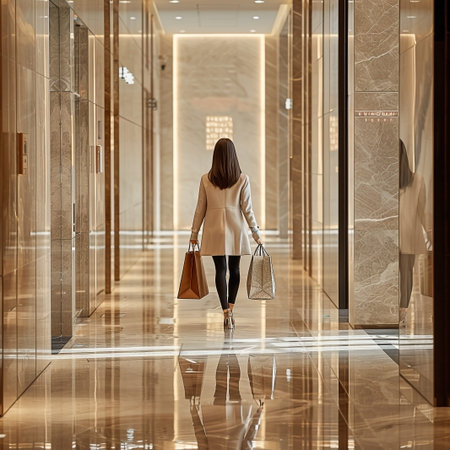 A stylish woman is walking down a brightly lit, luxury hotel hallway, carrying shopping bags. The elegant interior features marble and reflective surfaces, creating a refined and glamorous atmosphere.の素材