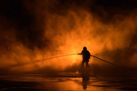 A striking image captures a firefighter bravely confronting a raging fire at night. The firefighter, silhouetted against the intense flames, directs a powerful stream of water from a hose. The sceneの素材