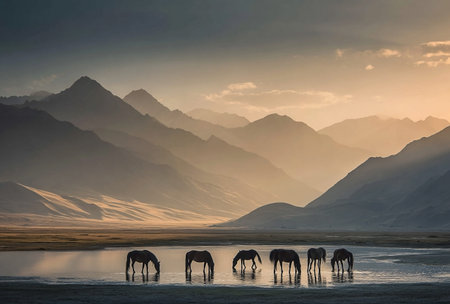 A group of horses gracefully drinks water in a serene landscape, with majestic mountain ranges in the background and soft morning light. The scene evokes a sense of tranquility and the wild beauty of nature.の素材