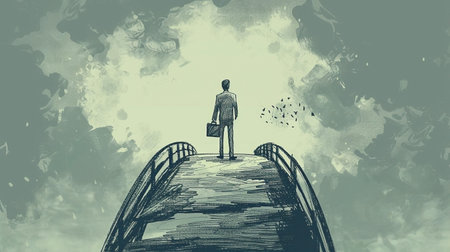 An illustration of a businessman standing on a bridge, holding a briefcase, looking towards the sky, symbolizing a journey of transformation and new opportunities. The monochromatic tones evoke a sense of contemplation and the pursuit of a brighter future.の素材