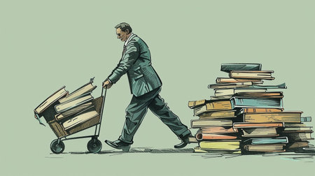 A suited man carefully pushes a cart filled with books, accompanied by an imposing stack of literary works. The visual represents the pursuit of knowledge, education, and the sheer volume of information that one must navigate in academia or any field of learning.の素材
