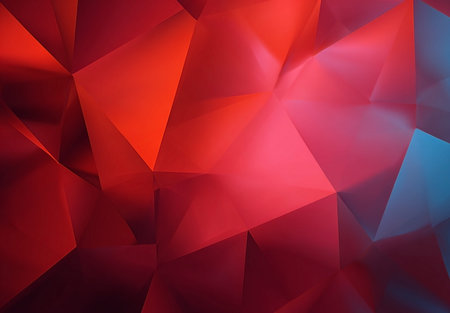A striking abstract background featuring polygonal shapes in a dynamic interplay of red and blue gradients. The geometric design creates a modern and visually engaging texture, perfect for presentations and creative projects.の素材