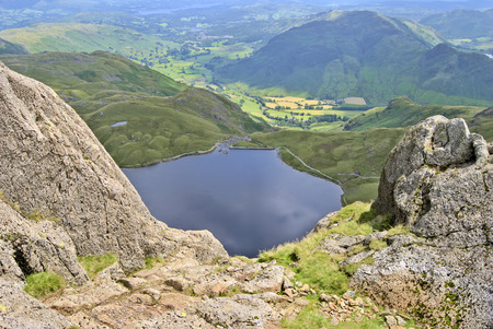 Stickle Tarn seen from the the top of Jack's Rake on Pavey Arkの写真素材