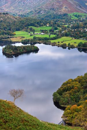An aerial view of Grasmere in the English Lake district as seen from the slopes of Loughriggの写真素材