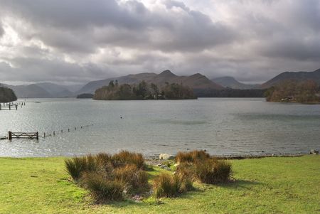 A clump of sunlit grass on the shore of Derwentwater in the English Lake Districtの写真素材