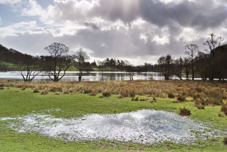 Sunlight shimmering on a patch of water in front of Loughrigg Tarn in the English Lake Districtの写真素材