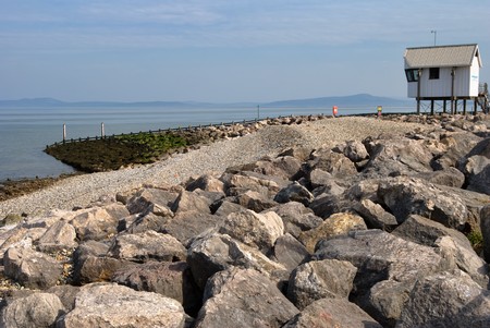 Scenic view of rocky sea defences, Morecambe, Lancashire, England,の写真素材
