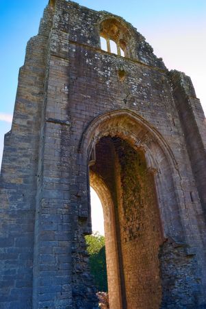 A low angle view of the West Tower, Shap Abbey, Cumbria,Englandの写真素材