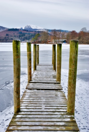 Scenic view of jetty on frozen lake Derwent Water, Lake District National Park, Cumbria, England.の写真素材