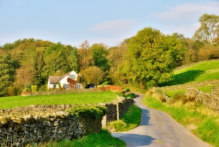 An English country lanelined with dry-stone walls, leading to a houseの写真素材