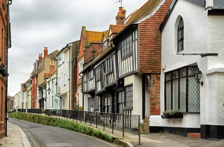 A row of historical buildings in the old town part of Hastings, East Sussex, England