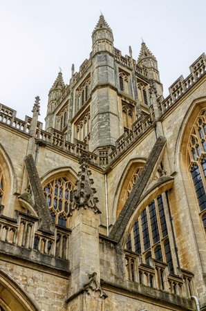 Details of architecture in Bath Abbey, Bath, England on sunny day.の写真素材