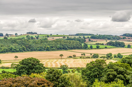 Rural English countryside of late summer fields in Middleham, North Yorkshire, England.