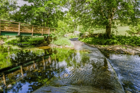Footbridge and ford on a stream in a wooded area.の写真素材