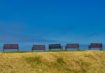 A row of benches on a sunny day.の写真素材