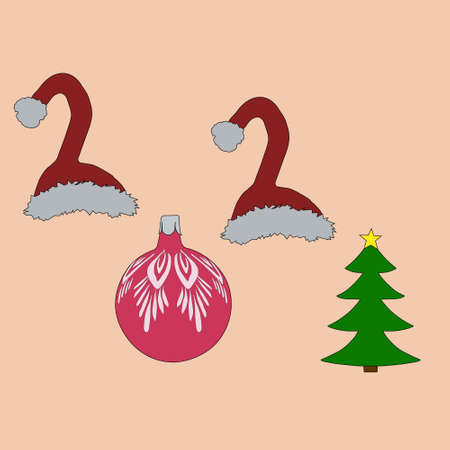 The inscription 2021 is a Santa hat, a Christmas tree ornament and a Christmas treeの写真素材