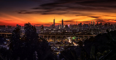 Beautiful sunset over the city of Dubai, United Arab Emirates.の写真素材