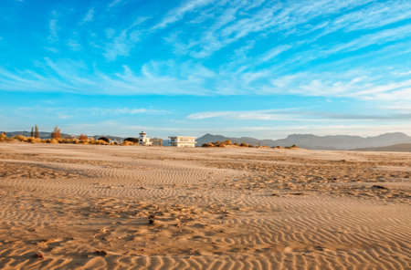 Beach against the backdrop of mountains in the city of Laredo, Cantabria, Spain.の写真素材