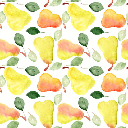 Seamless colorful background from juicy pears, hand drawn in watercolor. Elements of the autumn garden. natural print for textiles, wrapping paper, fabric, scrapbooking and packaging design, menu.の写真素材