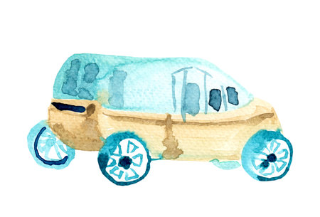 Watercolor blue toy car, hand painted illustration.の写真素材