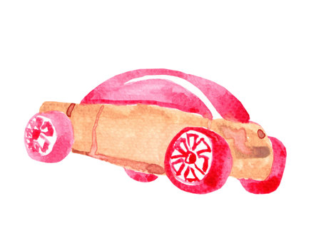 Watercolor pink toy car, hand painted illustration.の写真素材