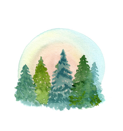 Round composition of landscape with fir trees. Hand drawn watercolor sketch illustration.の写真素材
