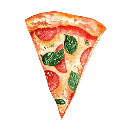 Hand-painted watercolor illustration of a pepperoni pizza slice with fresh basil, melted cheese, and a crispy crust, perfect for food lovers.の写真素材