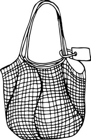 Minimalistic hand-drawn line art of an eco-friendly mesh shopping bag. Simple and sustainable lifestyle sketch on white background.のイラスト素材