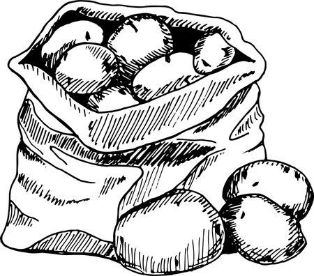 Minimalist black and white hand-drawn sketch of a potato sack with a few potatoes beside it, rustic and simple line art.のイラスト素材