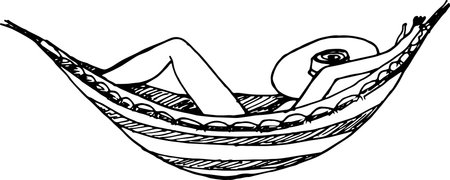 Minimalist black and white hand-drawn sketch of a woman in a hammock, showing only leg, hand, and hat, calm and artistic.のイラスト素材